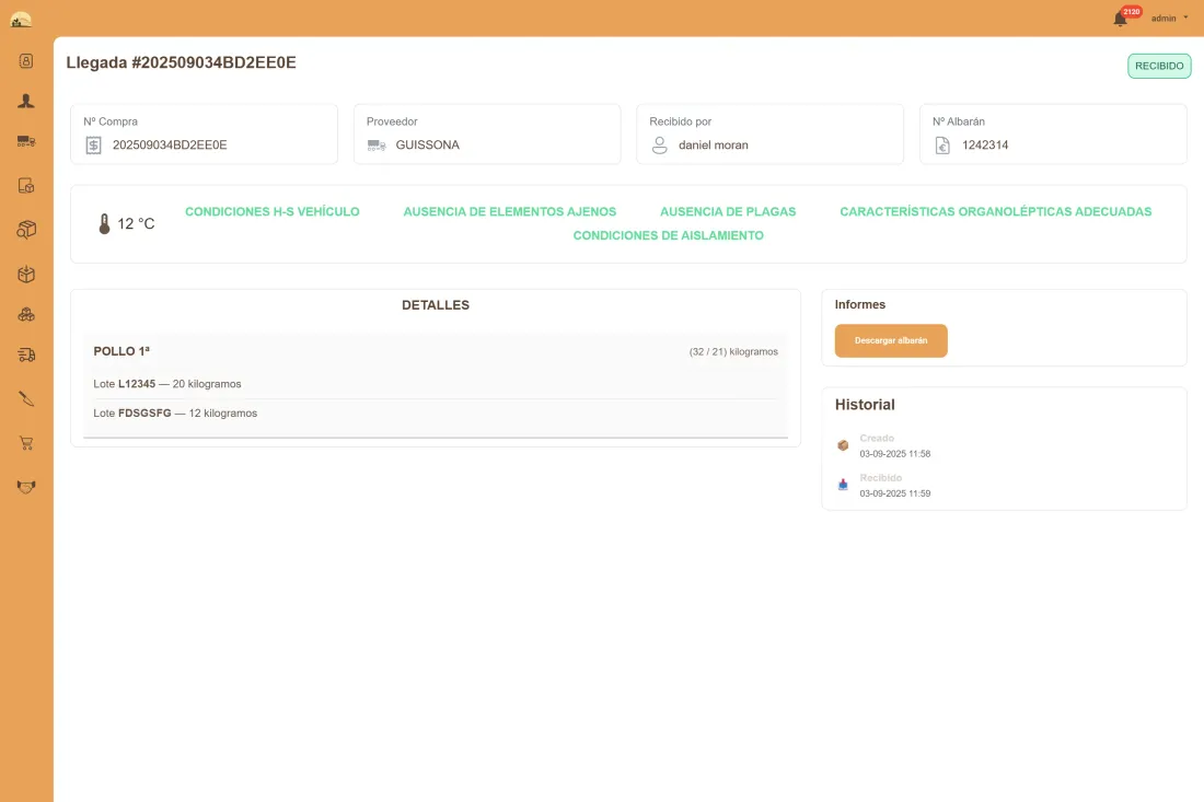 Pantalla de llegada de entrega con registro de temperatura y checklist de seguridad alimentaria