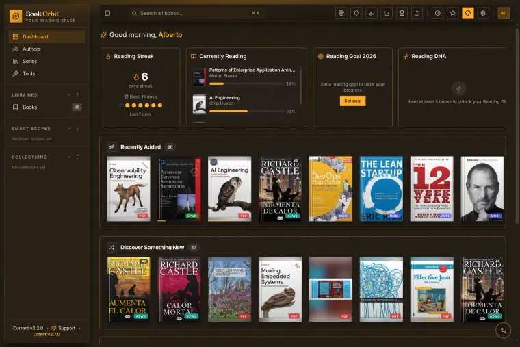 BookOrbit reading dashboard with streak, current books and library