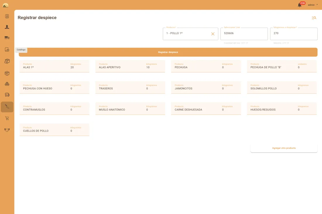 Pantalla para registrar la división de un lote en varios productos en la sala de despiece