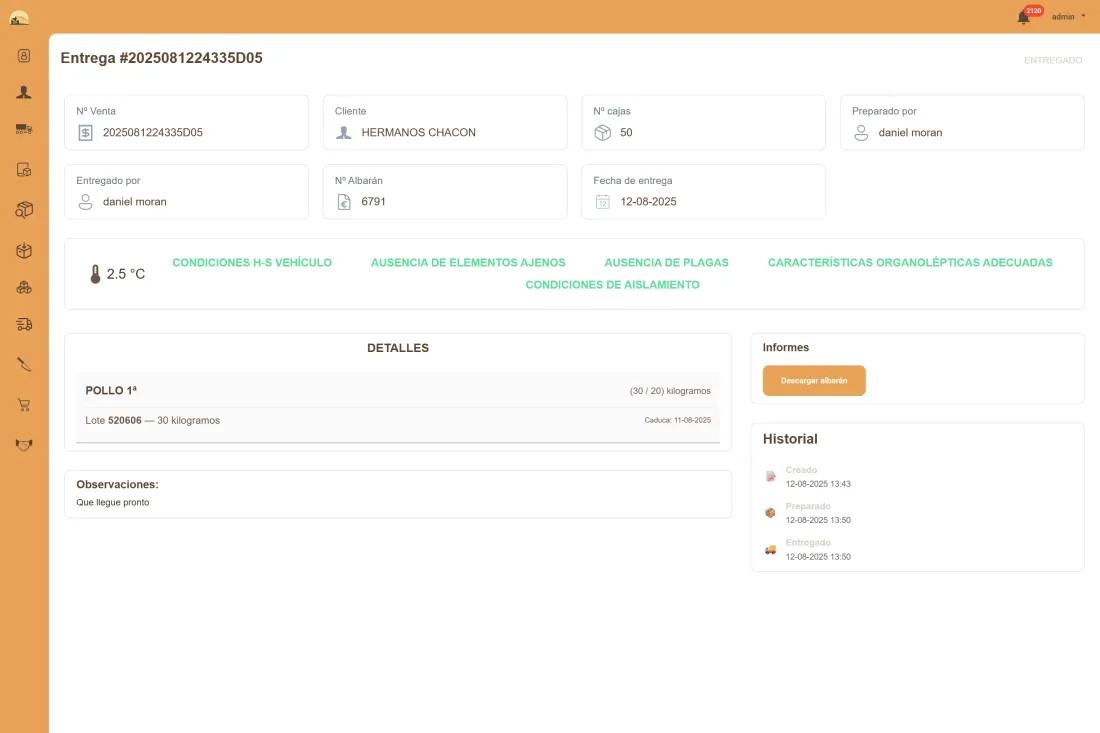 Pantalla de despacho de entrega con registro de temperatura, checklist y línea de tiempo del pedido