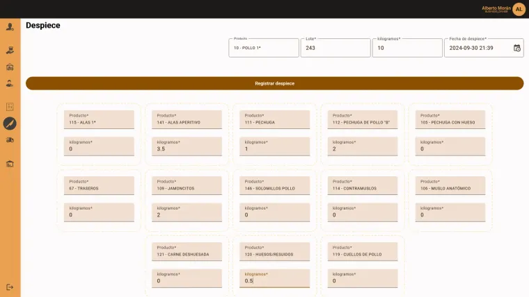 First version — butchery split entered across a long list of output products