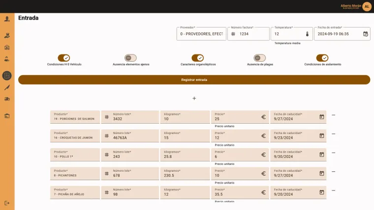 First version — a single receiving form mixing supplier, checklist, prices, lots, and expiry dates