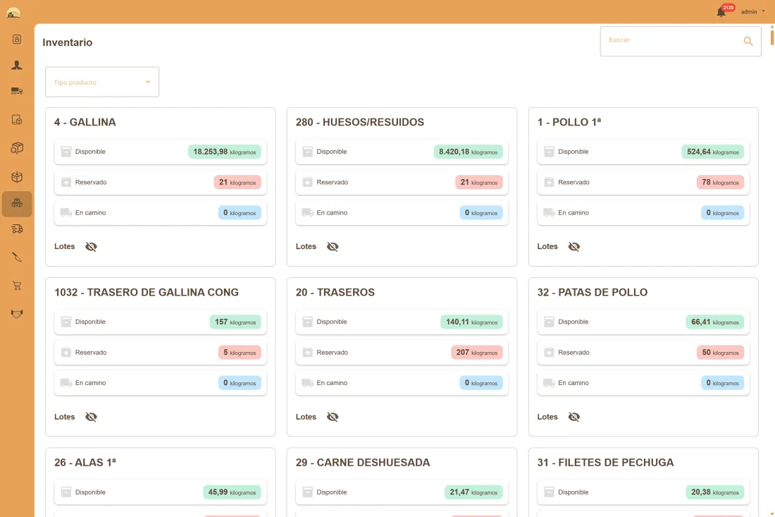 Cuadrícula de inventario mostrando stock disponible, reservado y en tránsito por producto