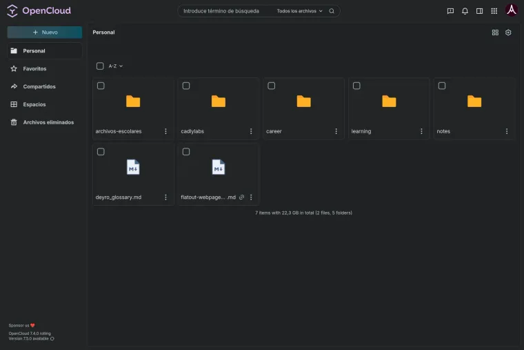 OpenCloud file browser with personal folders and documents